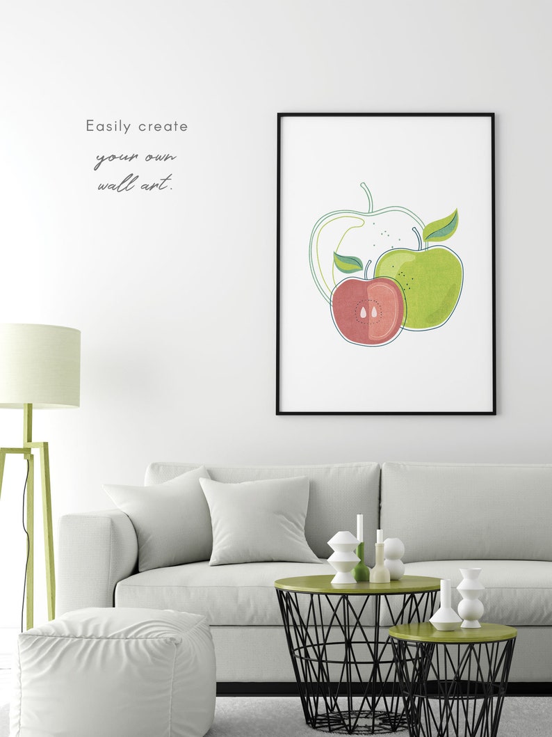 May include: A digital illustration of two apples, one red and one green, with the text "Easily create your own wall art." above the image.