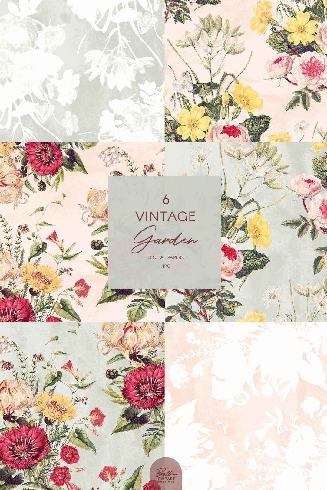 Vintage Flowers Digital Paper Set, Cottagecore Floral/ Botanical ...