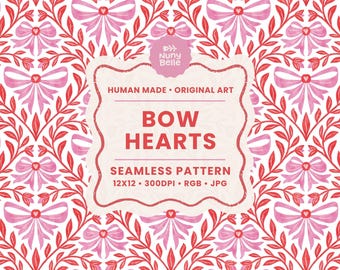 Coquette heart / bows Seamless pattern, Digital paper for Commercial Use: hand drawn unique background for small business branding / fabric