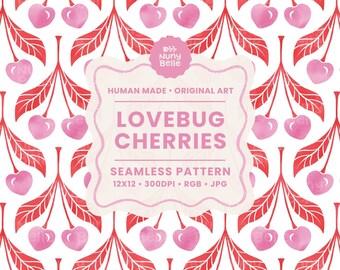 Pink Cherry seamless pattern, coquette fruit Digital Paper / Commercial Use, hand drawn heart cherries pattern for fabric, packaging, cards