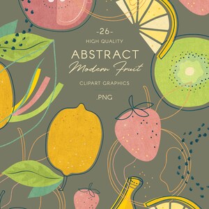 May include: A set of 26 high quality abstract fruit clipart graphics in PNG format. The graphics feature a variety of fruits, including apples, lemons, bananas, strawberries, kiwi, and limes, in a modern, abstract style. The fruits are depicted in a variety of colors, including red, yellow, green, and pink.