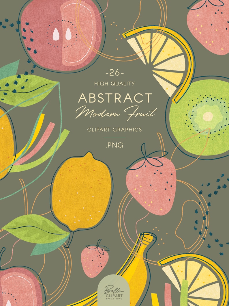 May include: A set of 26 high quality abstract fruit clipart graphics in PNG format. The graphics feature a variety of fruits, including apples, lemons, bananas, strawberries, kiwi, and limes, in a modern, abstract style. The fruits are depicted in a variety of colors, including red, yellow, green, and pink.