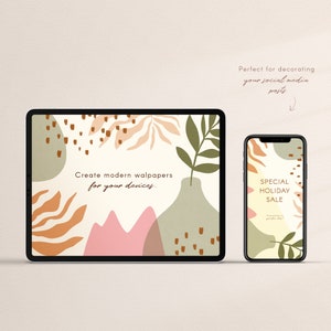 May include: A tablet and smartphone display modern wallpaper designs. The tablet shows a beige background with abstract shapes in orange, pink, and green, and the text "Create modern wallpapers for your devices." The phone displays "SPECIAL HOLIDAY SALE."