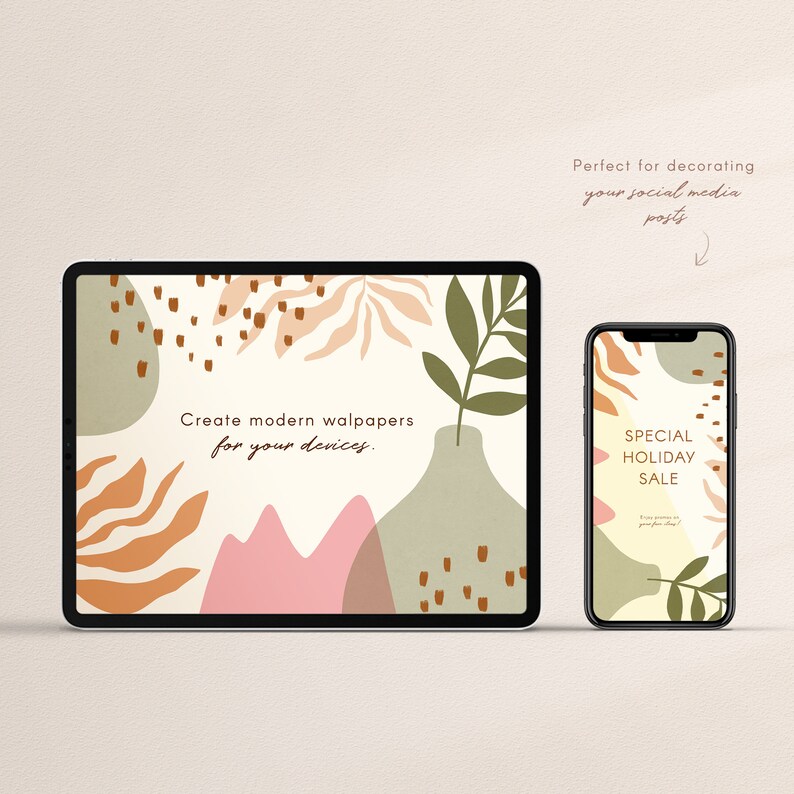 May include: A tablet and smartphone display modern wallpaper designs. The tablet shows a beige background with abstract shapes in orange, pink, and green, and the text "Create modern wallpapers for your devices." The phone displays "SPECIAL HOLIDAY SALE."