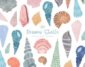 Seashells Watercolor PNG Clipart: Pastel Sealife Illustrations for DIY scrapbooking, branding, packaging or invitations (Digital Download)