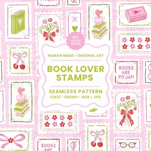 Könnte beinhalten: Ein nahtloses Muster mit rosa Hintergrund, das Briefmarkenmotive zeigt. Die Briefmarken zeigen Bücher, Kirschen, Blumen, Brillen und Schleifen in Grün, Rosa und Rot. Auf den Briefmarken steht "BOOKS ARE MY JAM" und "BOOK LOVER STAMPS".