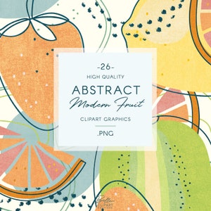 May include: Abstract modern fruit clipart graphics in a colorful pattern of orange, yellow, green, and blue. The text "Abstract Modern Fruit" is in the center of the image.