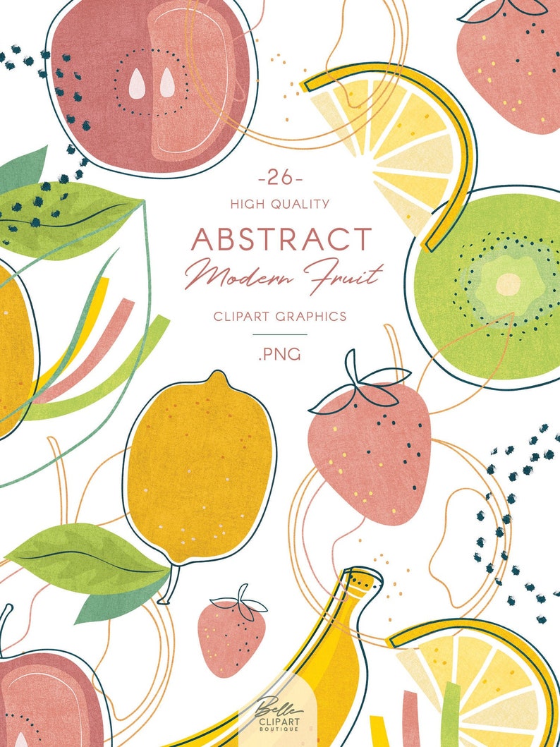 May include: Abstract fruit clip art graphics in a modern style. The image features a variety of fruits, including lemons, strawberries, kiwi, bananas, and apples, in a bright and colorful design. The fruits are outlined in black and have a textured, watercolor-like appearance.