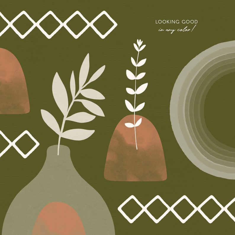 May include: An abstract digital art piece on an olive green background. The design features white geometric shapes, stylized vases with beige and orange accents, and white plant illustrations. The text "LOOKING GOOD in any color!" is also included.