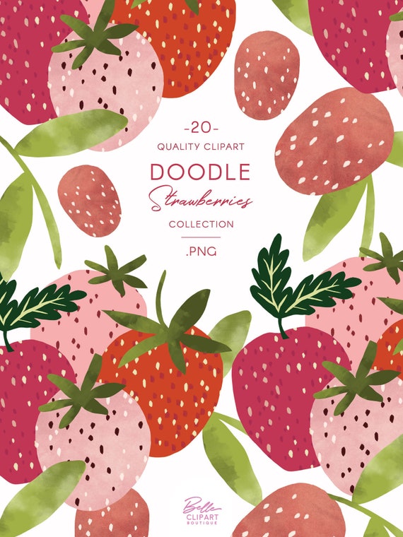 Doodle Strawberry Clip Art Pink Fruit Illustrations Etsy