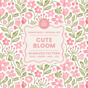 Könnte beinhalten: Nahtloses Muster mit rosa Aquarellblumen und grünen Blättern auf weißem Grund. Das Design umfasst verschiedene Blütenformen und den Text "CUTE BLOOM" in einem dekorativen Rahmen.