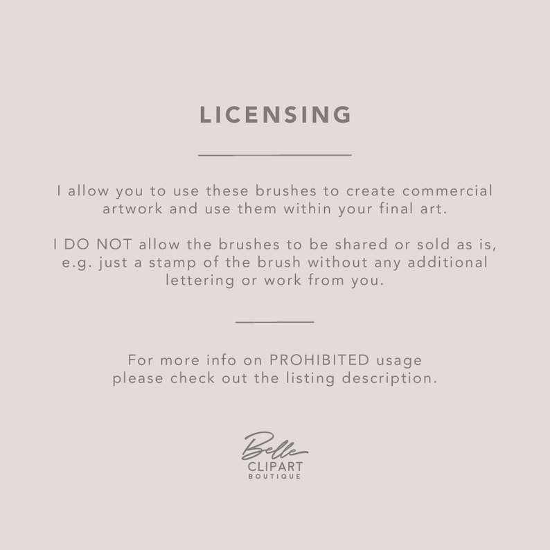 May include: A beige background with the word "LICENSING" in gray at the top. Text below explains the usage rights for the brushes, including commercial use. The Belle Clipart Boutique logo is at the bottom.