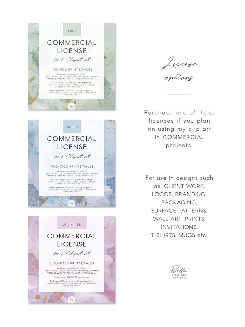 May include: Three different commercial license options for a clipart set. The options are Mini, Basic, and Unlimited. Each option has a different number of prints/sales allowed. The text says "Purchase one of these licenses if you plan on using my clip art in COMMERCIAL projects." and "For use in designs such as: CLIENT WORK, LOGOS, BRANDING, PACKAGING, SURFACE PATTERNS, WALL ART, PRINTS, INVITATIONS, T SHIRTS, MUGS etc."