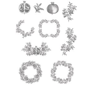Może przedstawiać: Sześć czarno-białych ilustracji wieńc&oacute;w i ramek z granat&oacute;w. Dołączono cztery dodatkowe ilustracje granat&oacute;w. Tekst "6 Delicate wreaths & frames + 4 Pomegranate graphics" znajduje się na dole obrazu.