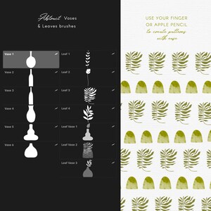 May include: Digital art brushes for creating patterns. The image shows a black background with white illustrations of vases and leaves, and a white background with a green leaf pattern. Text reads "Abstract Vases & Leaves brushes".
