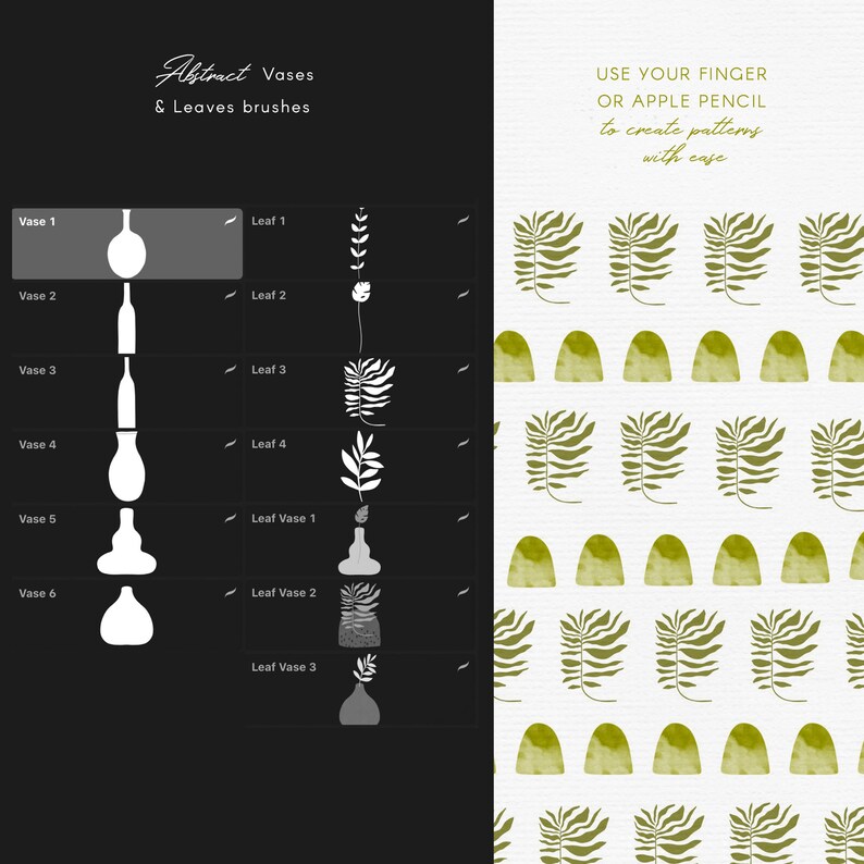 May include: Digital art brushes for creating patterns. The image shows a black background with white illustrations of vases and leaves, and a white background with a green leaf pattern. Text reads "Abstract Vases & Leaves brushes".