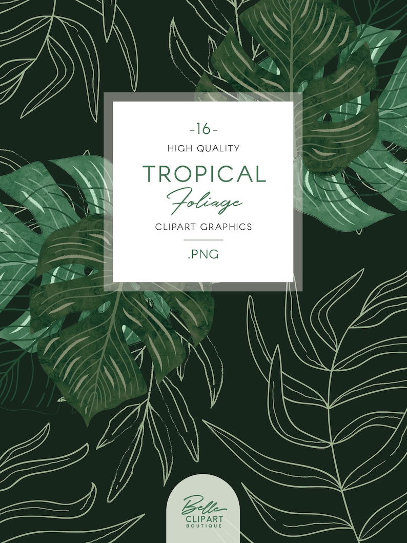 botanical line drawing /& wreaths hand painted leaf illustration Tropical Foliage clip art
