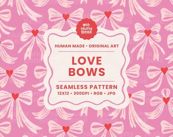 Soft bows Seamless Pattern, coquette background for Commercial Use: hand drawn unique heart bow digital paper for girly stationery / journal