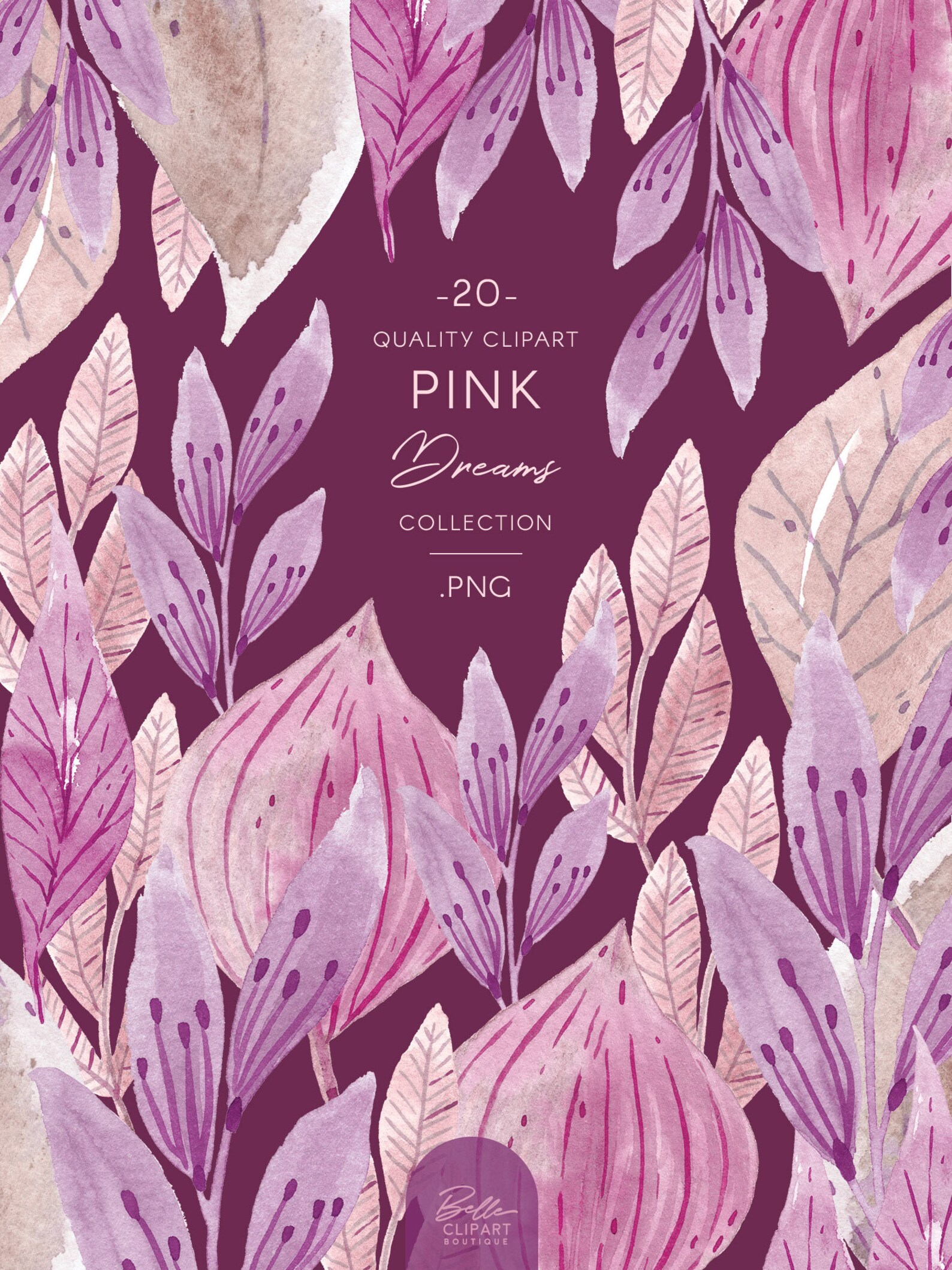 Pink Foliage Watercolor Clip Art PNG Hand Painted Leaves and - Etsy