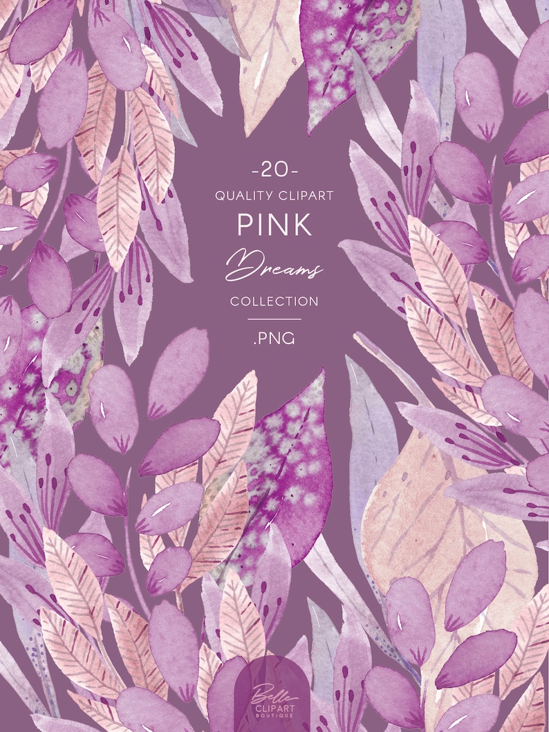 Pink Foliage Watercolor Clip Art PNG Hand Painted Leaves and - Etsy