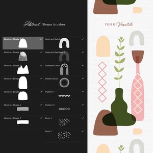May include: An image showcasing digital art brushes with the text "Abstract Shape brushes." The image features various abstract shapes, including rainbows, lines, circles, and patterns. The right side displays colorful, abstract shapes and the text "FUN & Versatile."