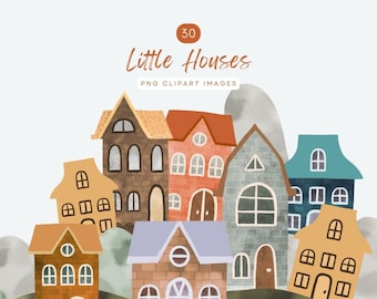 Tiny house PNG clip art, whimsical houses & abstract shapes, quirky watercolor illustrations for cards / invites / scrapbooking