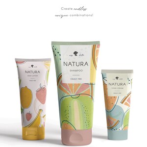 May include: Three colorful tubes of body care products with a fruit and floral design. The tubes are labeled "Natura" and include "Shampoo", "Body Lotion", and "Hand Cream".