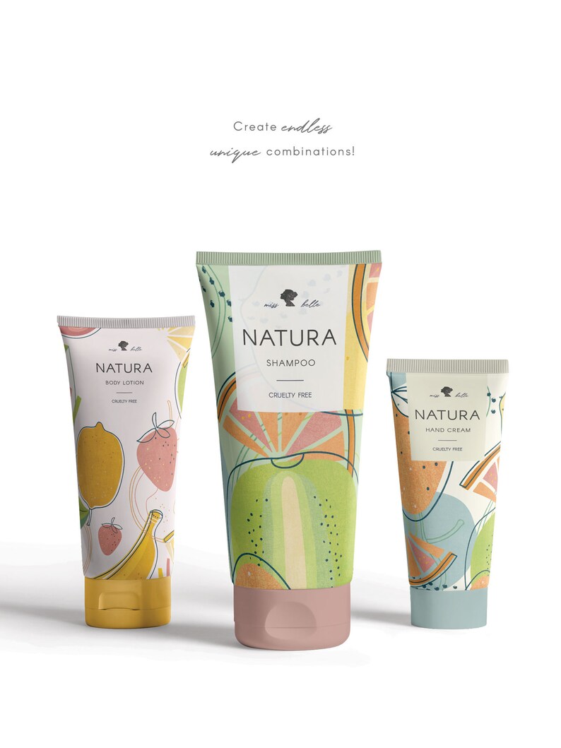May include: Three colorful tubes of body care products with a fruit and floral design. The tubes are labeled "Natura" and include "Shampoo", "Body Lotion", and "Hand Cream".