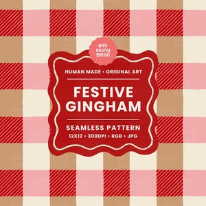 Può includere: Un motivo senza cuciture con un design a quadri festivo in rosso, rosa e beige. Il motivo presenta una griglia ripetuta di quadrati e strisce diagonali. L'immagine include anche il testo "FESTIVE GINGHAM" e "SEAMLESS PATTERN".