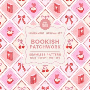 May include: A repeating pattern with books, cherries, bows, and coffee cups with hearts. The design is set on a pink and cream background. The text "Bookish Patchwork" is included in the design.