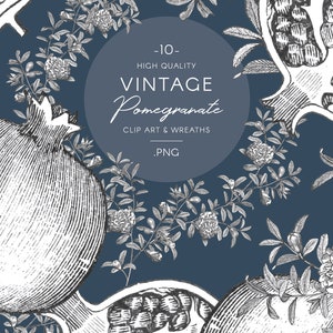 Może przedstawiać: Zestaw 10 vintage ilustracji granat&oacute;w i liści w czerni i bieli na ciemnoniebieskim tle. Tekst "High Quality Vintage Pomegranate Clip Art & Wreaths .PNG" znajduje się w białym k&oacute;łku.