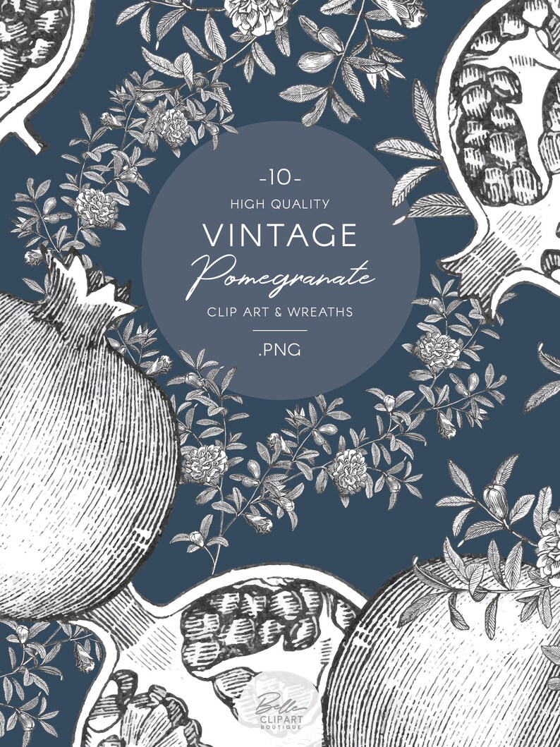 Może przedstawiać: Zestaw 10 vintage ilustracji granat&oacute;w i liści w czerni i bieli na ciemnoniebieskim tle. Tekst "High Quality Vintage Pomegranate Clip Art & Wreaths .PNG" znajduje się w białym k&oacute;łku.