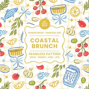 May include: A seamless pattern with a coastal brunch theme. The design features illustrations of sardines, olives, lemons, tomatoes, garlic, and champagne glasses. The text "COASTAL BRUNCH" is visible.