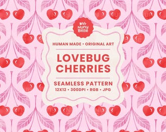 Heart Cherry seamless pattern, Valentines Digital Repeat for Commercial Use, coquette hand drawn cherries pattern for fabric or stationery