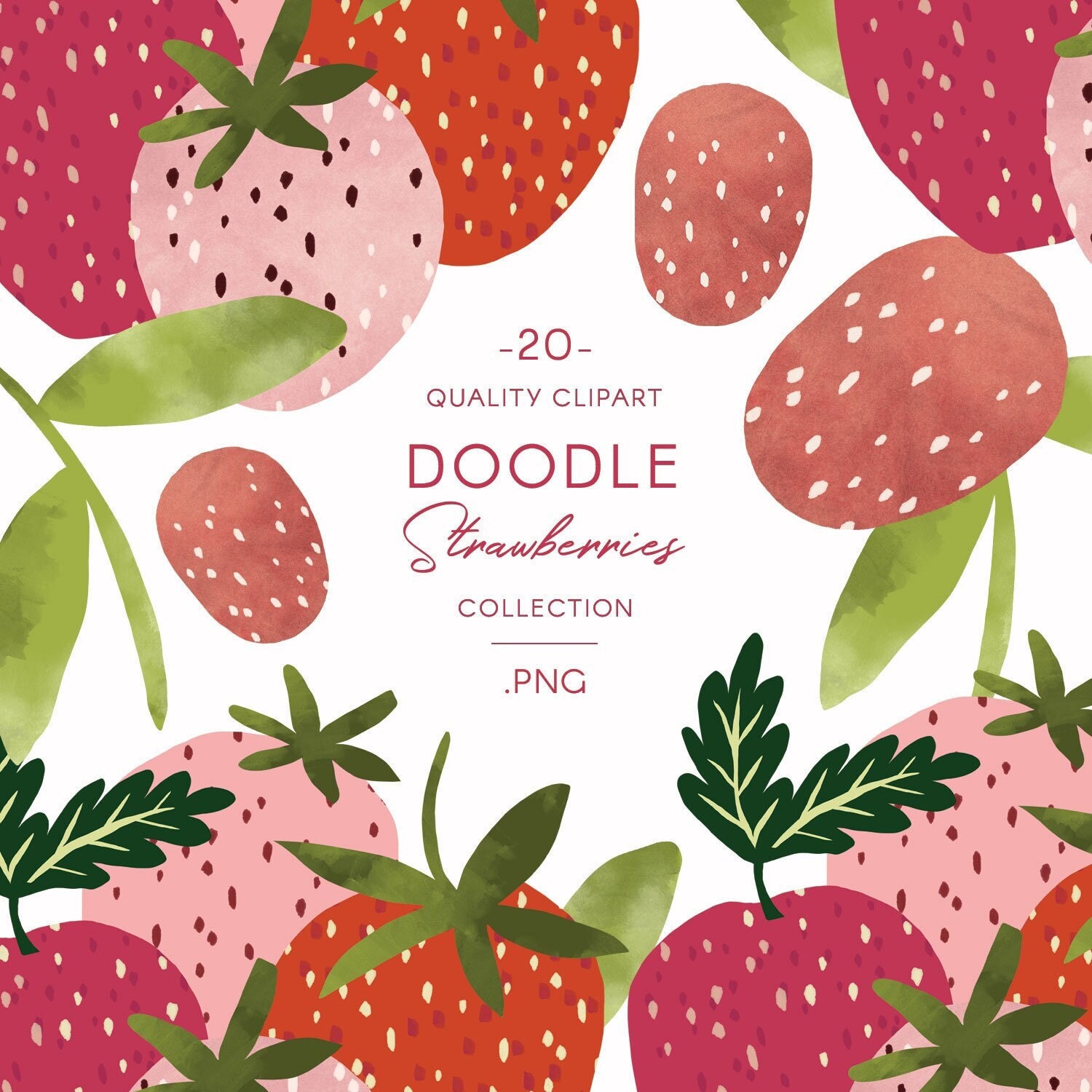 Doodle Strawberry Clip Art, PNG Pink Fruit Illustrations, Wild Berries -  Etsy, image size:1500x1500