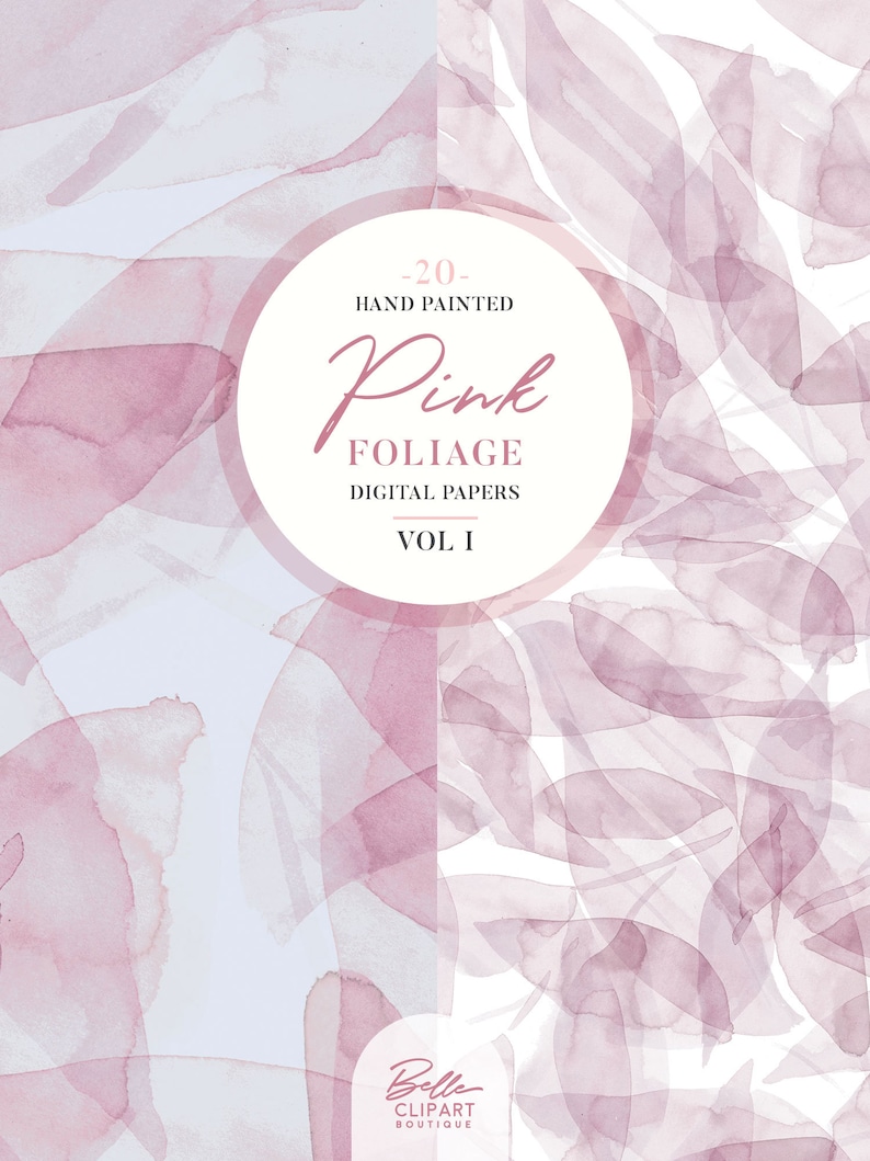 20 Botanical backdrops hand painted leaves pattern Abstract Pink foliage watercolor Digital Paper