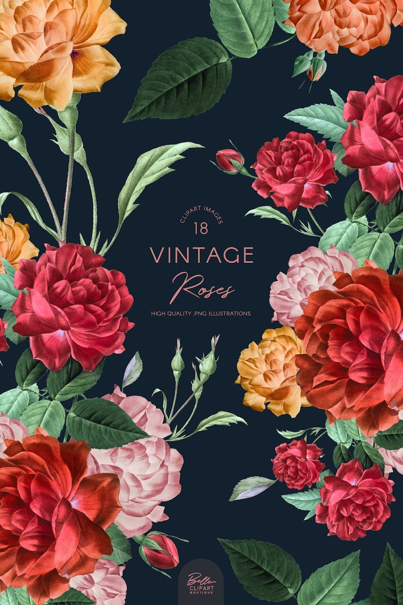 May include: A digital illustration of 18 vintage roses in various shades of red, pink, and orange. The roses are arranged in a bouquet with green leaves and buds. The text "Clipart Images 18 Vintage Roses High Quality PNG Illustrations" is displayed in the center of the image.