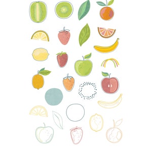 May include: A set of 26 hand-drawn illustrations of fruits and line art elements. The illustrations include a variety of fruits, such as apples, oranges, lemons, kiwis, strawberries, and bananas. The line art elements include circles, leaves, and rainbows.