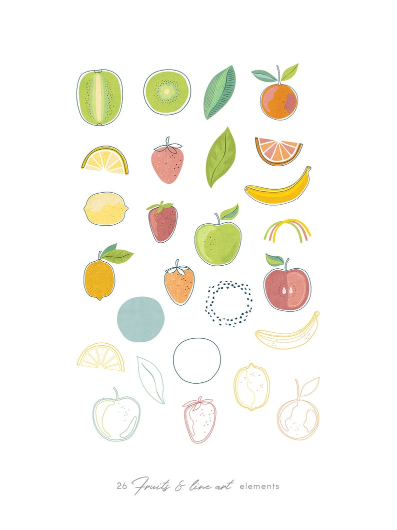 May include: A set of 26 hand-drawn illustrations of fruits and line art elements. The illustrations include a variety of fruits, such as apples, oranges, lemons, kiwis, strawberries, and bananas. The line art elements include circles, leaves, and rainbows.