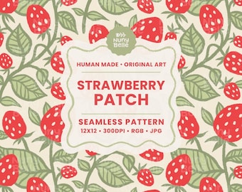 May include: A seamless pattern with a strawberry patch design. It features red strawberries with white seeds, green leaves, and stems on a cream background. The text "STRAWBERRY PATCH" is displayed on a label.