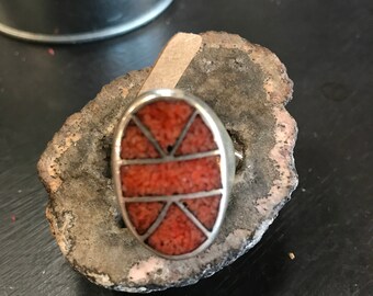 Large, crushed coral, silver ring