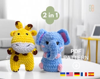 May include: A crochet pattern for making a yellow giraffe and a blue elephant. The pattern is available as a PDF download and includes instructions in multiple languages. 2 in 1 PDF PATTERN.