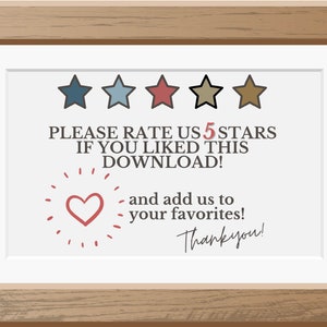 Może przedstawiać: Ramka z białym tłem i brązową drewnianą ramą. W ramce znajduje się znak z pięcioma gwiazdami, sercem i tekstem "PLEASE RATE US 5 STARS IF YOU LIKED THIS DOWNLOAD! and add us to your favorites! Thank you!"