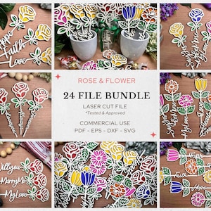 Rose & Blume Cut Out BUNDLE Laser Art Erstkommunion Valentinstag Geschenk Acryl Holz Liebe Blume mit Worten geschnitten Dateien Digital Download