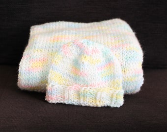 Hand knit baby blanket - bright pastel