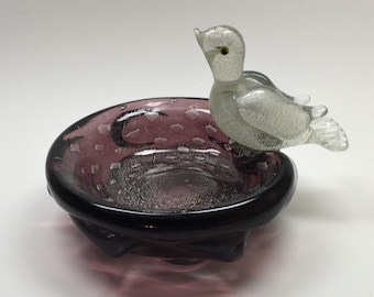 Encantador pájaro de cristal de Murano en el bowl de Flavio Poli para Seguso Vetri d'Arte
