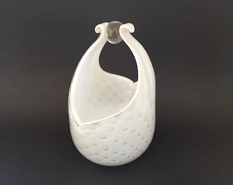 Cesta de vidrio barbini blanco opalino bullicante vintage con mango de bola de hoja de cristal / oro