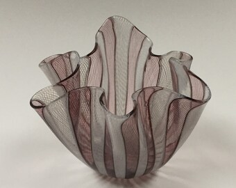 Venini Fazzoletto (Handkerchief) Glass Bowl in White and Amethyst Netted Vertical Cane  MidCentury