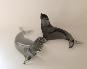 Pair of Vintage Murano Glass Seals, Smoke Glass Figurines