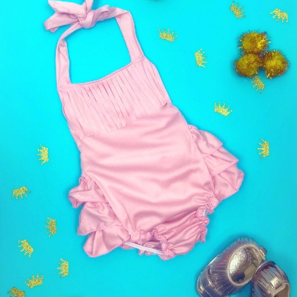 Soft Pink Blush Adam & Elsa Ultra Soft Baby Halter Romper Girls Fringe Ruffle Outfit Fashion Tribal Summer Stylish